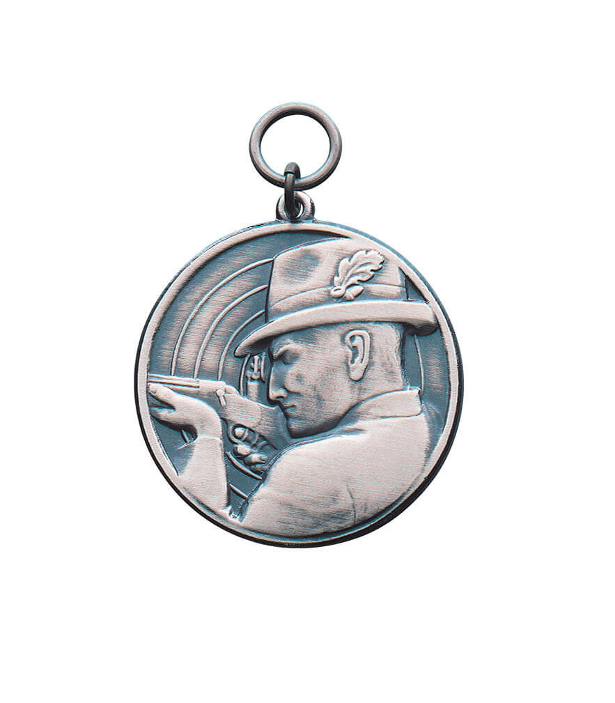 Medaille vergoldet mit Schütze und Zielscheibe Runde Medaille vergoldet mit Öse und Ring, geprägt mit einem Schützen im Anschlag und einer großen Zielscheibe im Hintergrund.