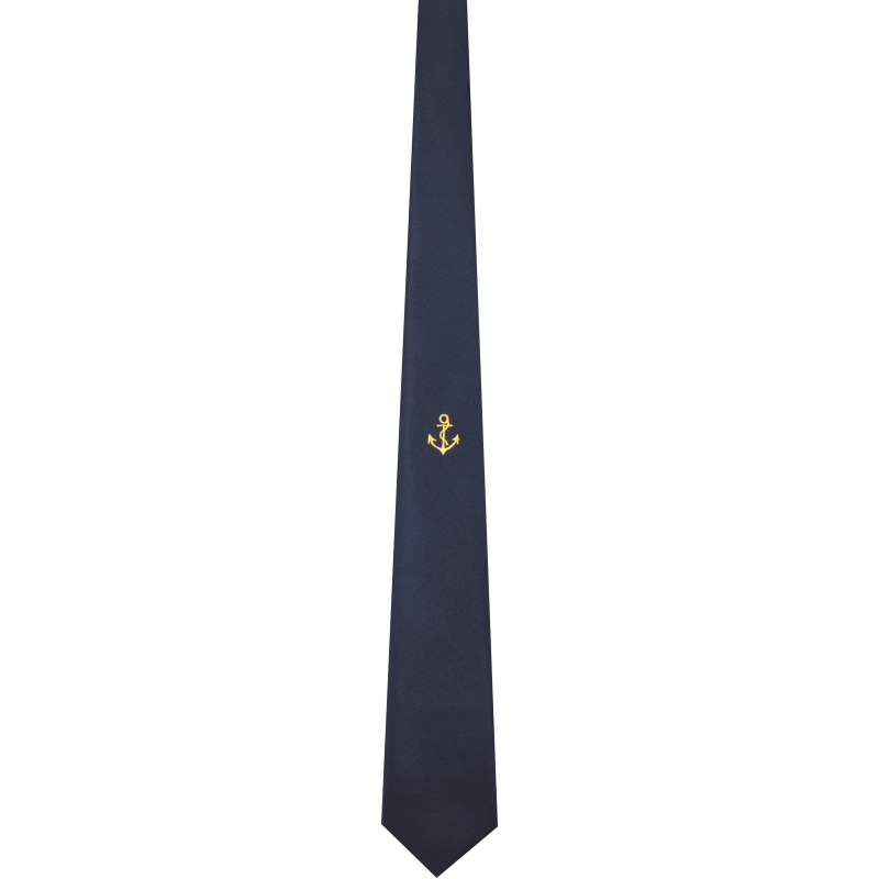 Marine-Krawatte in Blau Marine mit goldener Anker-Stickerei Marine-Krawatte in Blau Marine mit schmaler Form und goldener Anker-Stickerei im unteren Bereich, glatt mit feiner Struktur