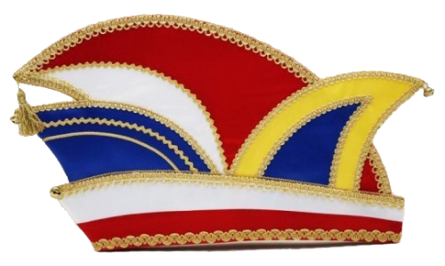 Prinzenmütze schlicht in Rot, Weiß, Blau und Gelb mit goldener Borte Schlichte mehrfarbige Prinzenmütze mit geschwungener Form in Rot, Weiß, Blau und Gelb, verziert mit goldener Borte und drei kleinen Glöckchen