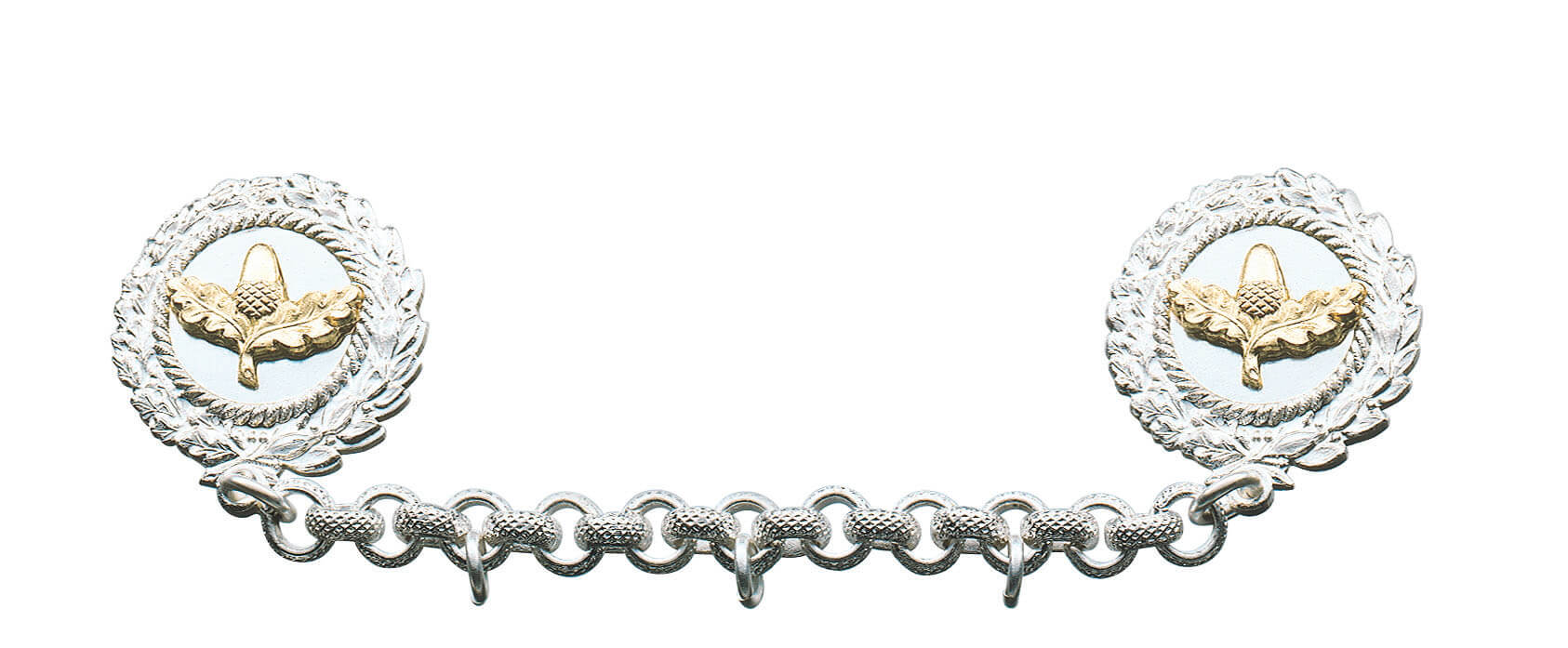 Kette mit Scharniernadel versilbert für 4 Orden Versilberte Ankerkette mit vier Ringen für Orden, an beiden Enden mit runder Scharniernadel, Eichenlaubkranz und goldfarbener Eichel