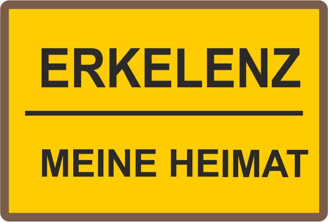 Abzeichen Ortspin mit gelbem, rechteckigem Schildmotiv Erkelenz Meine Heimat Rechteckiges Expressabzeichen als Ortspin mit gelbem Schildmotiv, schwarzem Rand und schwarzer Aufschrift „ERKELENZ“ über einer Linie sowie „MEINE HEIMAT“.