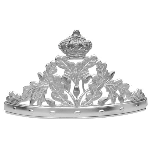 Diadem versilbert mit Eichenlaub, Eicheln und Krone Versilbertes Diadem mit Eichenlaub- und Eichelmotiv sowie aufgesetzter Krone in filigraner, symmetrischer Form.