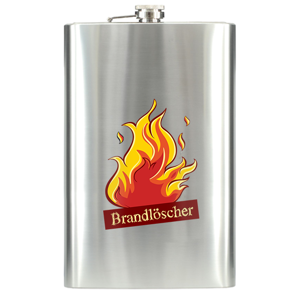 Flachmann Brandlöscher aus Edelstahl mit Flammenmotiv Edelstahl-Flachmann mit gebürsteter Oberfläche, Schraubverschluss und aufgedrucktem Flammenmotiv sowie dem Schriftzug „Brandlöscher“ auf der Vorderseite.