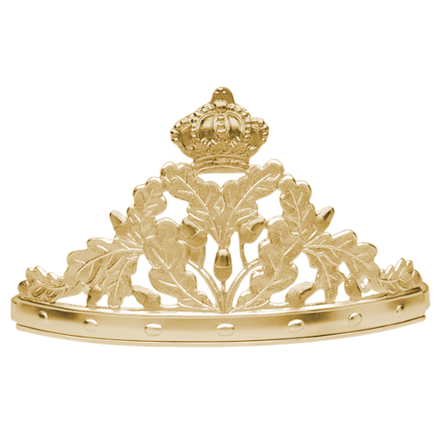 Diadem mit Eichenlaub, Eicheln und Krone Diadem in silberfarbener Optik mit Eichenlaub- und Eichelmotiv sowie aufgesetzter Krone im oberen Mittelteil, halbkreisförmig gestaltet.