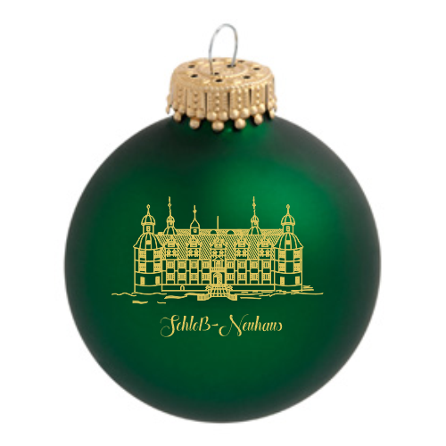 Schloß-Neuhaus Weihnachtskugel aus grünem Glas mit goldfarbenem Schlossmotiv Grüne Weihnachtskugel aus Glas mit goldfarbenem Druckmotiv von Schloss Neuhaus und Schriftzug Schloß-Neuhaus, mit goldfarbener Aufhängung