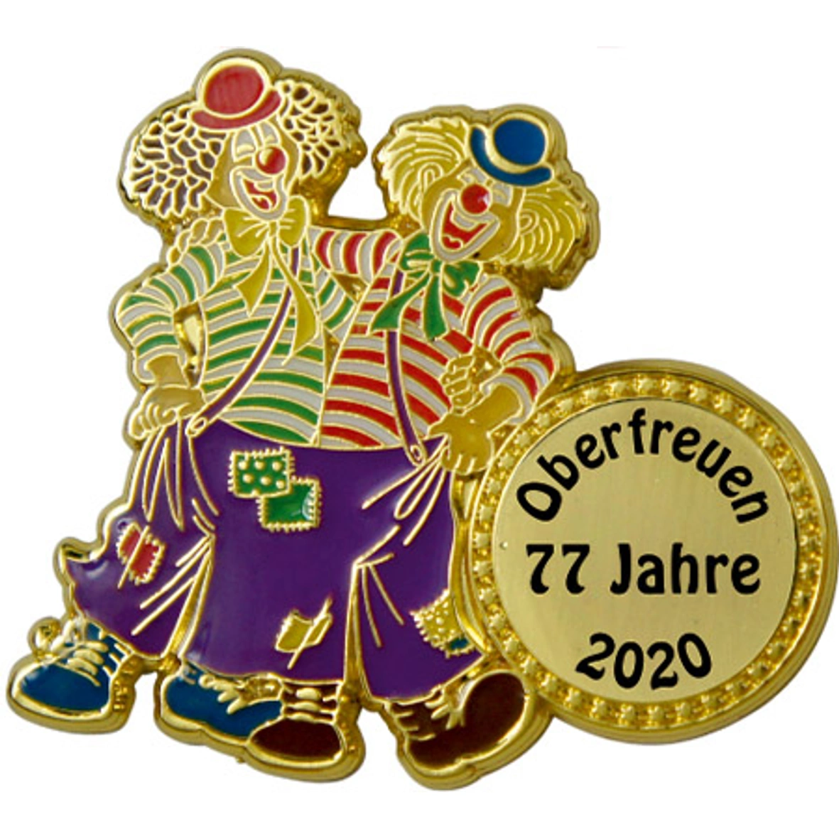 Karnevalsorden, goldfarbener Metallorden, Clowns-Motiv, Emaille-Verzierung, Oberfreuen 2020