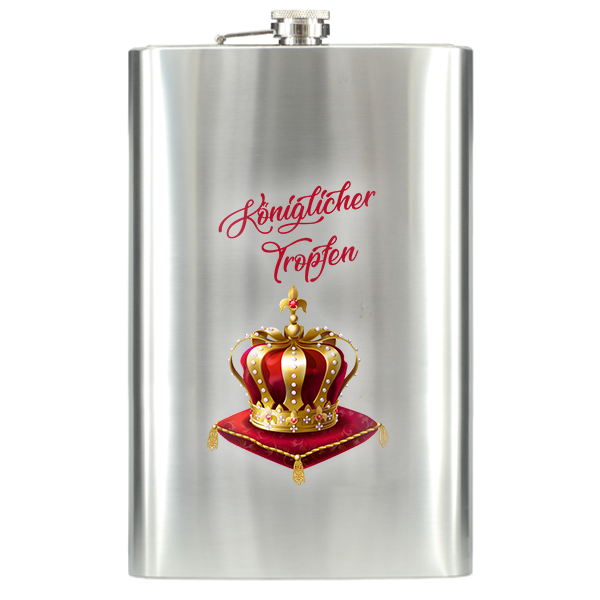Flachmann Königlicher Tropfen aus Edelstahl mit Kronenmotiv Edelstahl-Flachmann mit gebürsteter Oberfläche, Schraubverschluss sowie rotem Schriftzug „Königlicher Tropfen“ und gold-rotem Kronenmotiv auf der Vorderseite