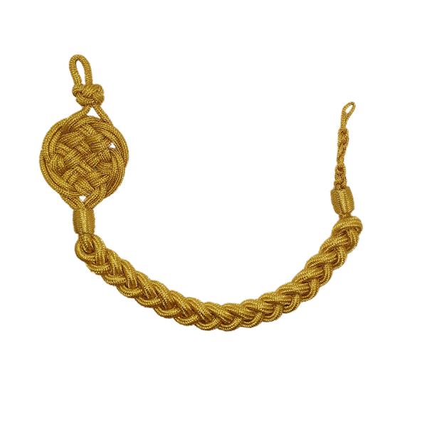 Schützenschnur 45 cm, goldfarbig mit Rosette und Zopfgeflecht Goldfarbige Schützenschnur mit geflochtener Rundschnur, Rosette, zwei Schiebern und einem Knoten, 45 cm lang
