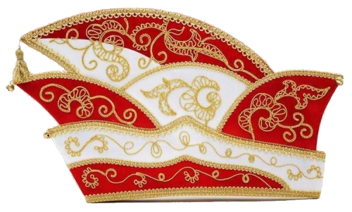 Prinzenmütze mit Glöckchen in Rot und Weiß mit goldfarbener Verzierung Prinzenmütze mit Glöckchen in Rot und Weiß, mit geschwungener Form, goldfarbener Zierstickerei, umlaufender Borte und seitlicher Quaste