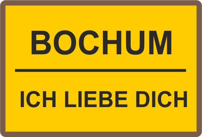 Abzeichen Ortspin mit gelbem Ortsschild-Motiv Bochum Ich liebe dich Rechteckiges Abzeichen Ortspin mit gelbem Ortsschild-Motiv, schwarzer Umrandung und schwarzer Schrift: oben Bochum, darunter eine Linie und unten Ich liebe dich.