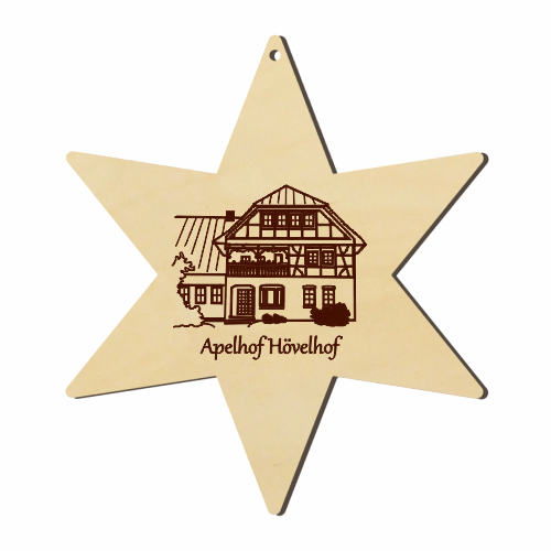 Hövelhof Apelhof Holzstern mit Gravur eines Fachwerkhauses Sternförmiger Holzanhänger Hövelhof Apelhof mit gelaserter Gravur eines Fachwerkhauses und dem Schriftzug Apelhof Hövelhof, mit Loch zum Aufhängen