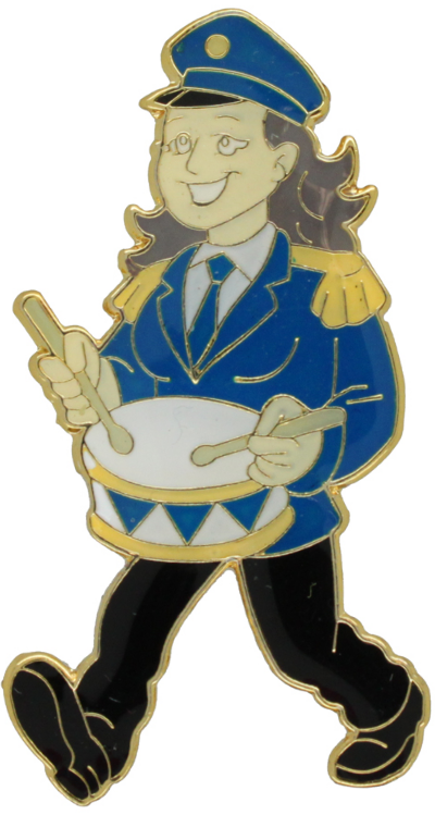 Abzeichen Trommlerin blau-schwarz in Uniform mit Trommel Abzeichen Trommlerin blau-schwarz als stilisierte Musikerfigur in blauer Uniform mit schwarzer Hose und Mütze, mit Trommel und zwei Trommelstöcken, goldfarbig umrandet