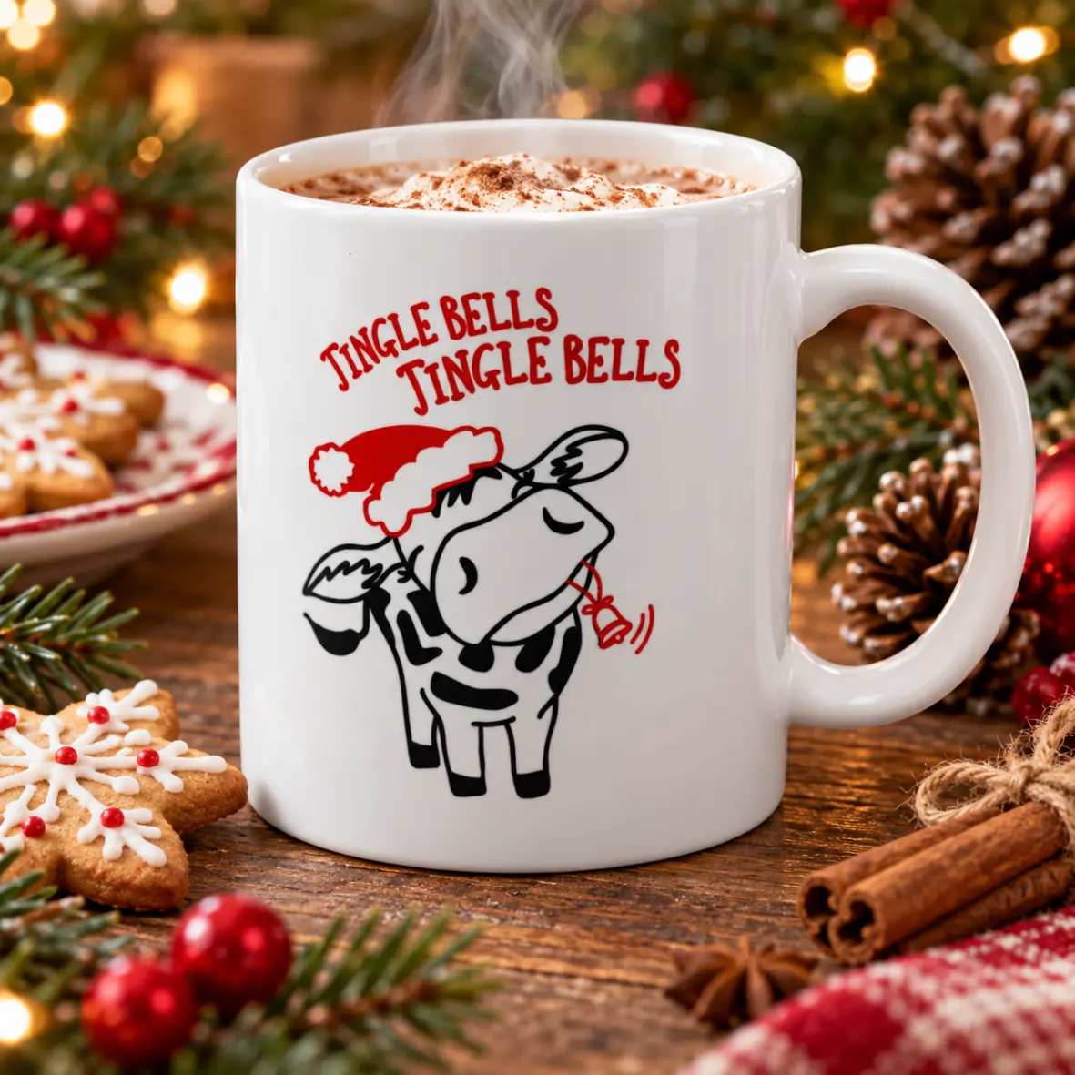 Weiße Tasse Jingle Bells mit gezeichneter schwarz-weißer Kuh, roter Weihnachtsmütze, Glocke im Maul und rotem Schriftzug "Jingle Bells", gefüllt mit einem heißen Getränk in weihnachtlicher Umgebung.