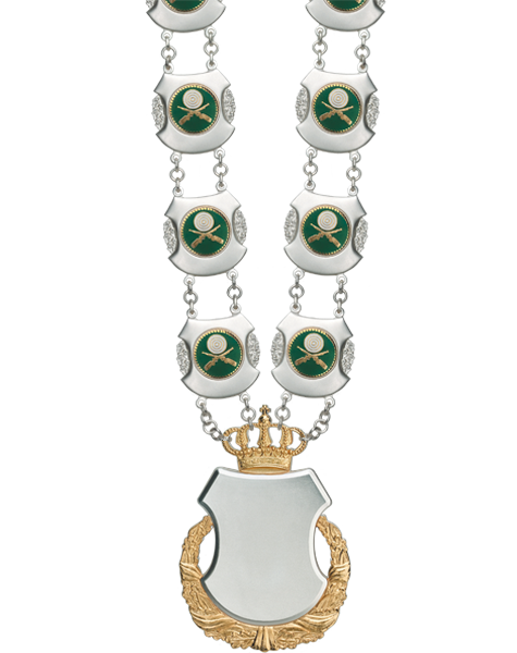 Versilberte Königskette mit 10 Kettengliedern und Schild Königskette mit 10 versilberten Kettengliedern, grünen Schützenmotiven, goldenem Kranz und Krone sowie großem versilbertem Schild als Anhänger