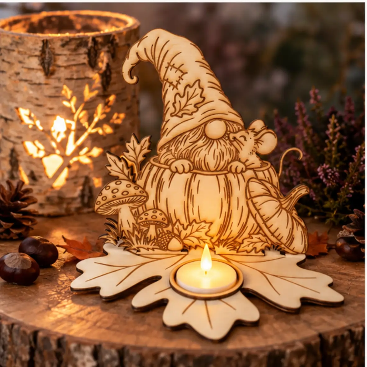 Herbstlicht Wichtel im Kürbis Holzfigur, Gartenfigur, Pilz-Dekoration, Teelichthalter, Gnom