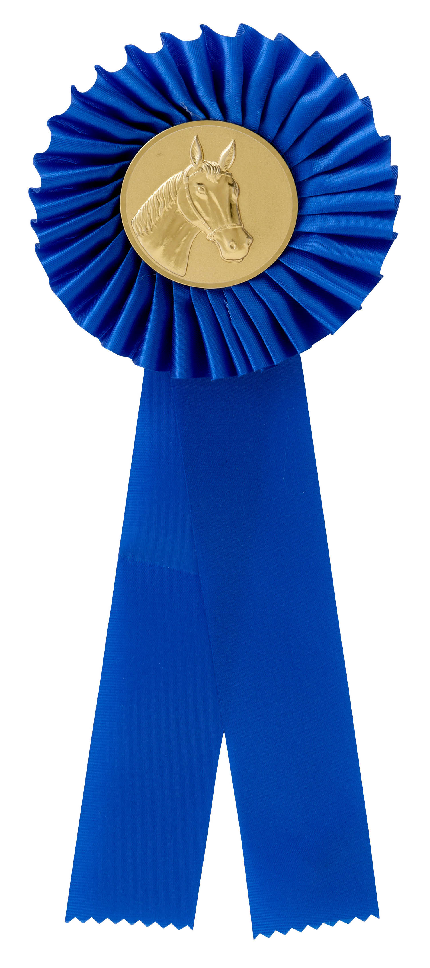 Einfache Rosette in Blau mit goldfarbenem Emblem Blaue einfache Rosette mit gefaltetem Rundkranz, zwei langen Schleifenbändern und goldfarbenem Metallemblem mit Pferdekopf im Zentrum