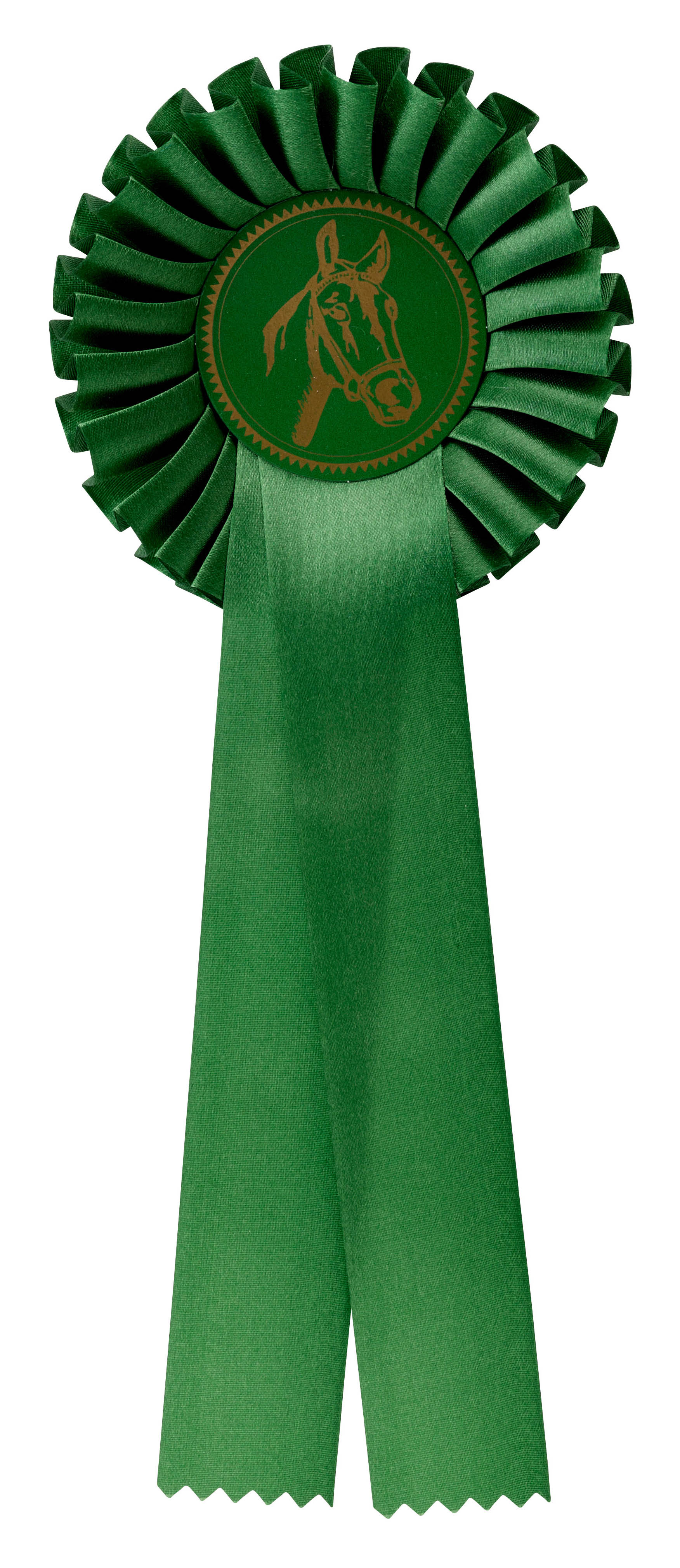 Einfache Rosette in Grün mit Pferdekopf-Emblem und zwei Schleifenbändern Grüne einfache Rosette mit rund gefälteltem Rosettenkranz, mittigem Emblem mit Pferdekopf und zwei langen Schleifenbändern mit Zackenrand.
