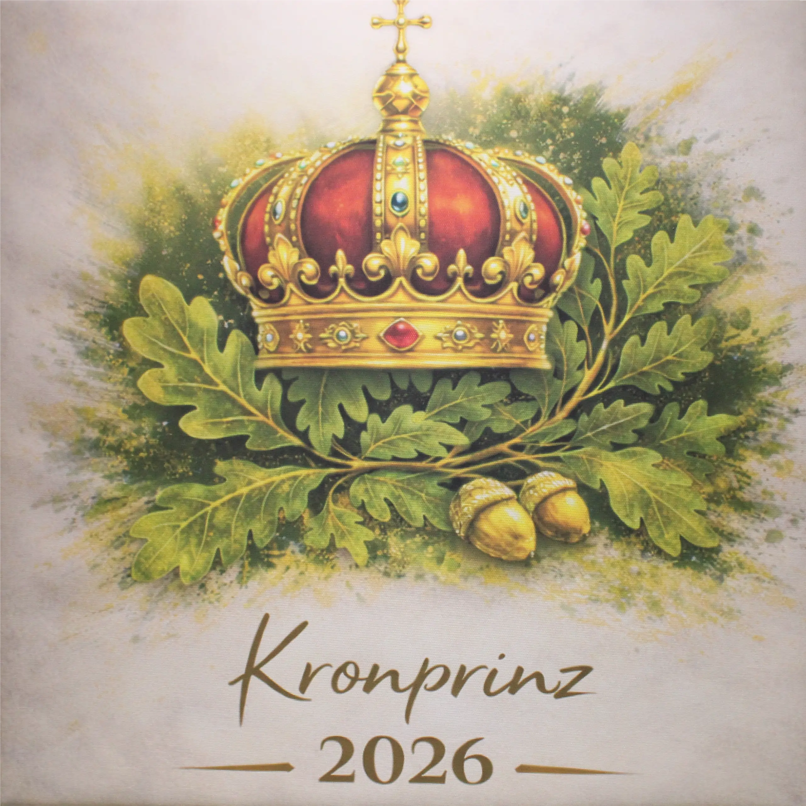 Leinwand Kronprinz personalisierbar mit Krone, Eichenlaub und Jahreszahl Personalisierbare Kronprinz Leinwand mit gold-roter Krone, grünem Eichenlaub und Eicheln sowie der Aufschrift Kronprinz und einer Jahreszahl im unteren Bereich.