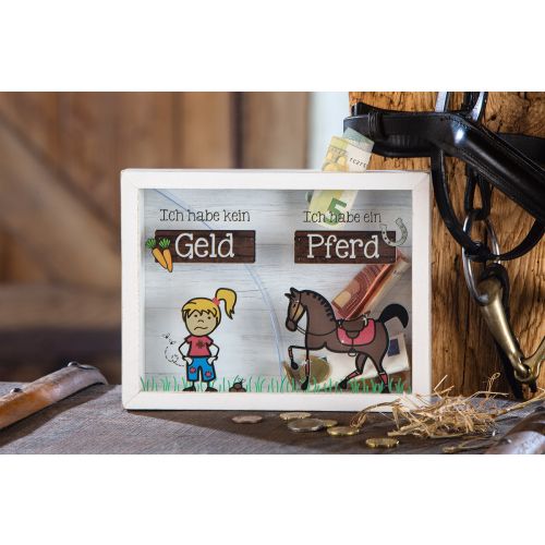Spardose Pferdegeld mit Sichtfenster und 2 Einwurfschlitzen Spardose Pferdegeld mit Sichtfenster und 2 Einwurfschlitzen