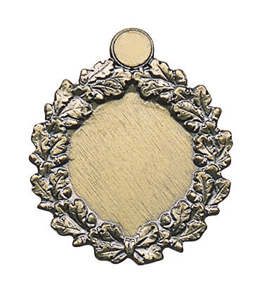 Kranz bronze mit langer Nadel, Ehrenabzeichen mit Eichenlaubkranz und rundem Gravurfeld Kranz bronze mit langer Nadel in Bronzeoptik mit geschlossenem Eichenlaubkranz, rundem Gravurfeld in der Mitte und kleiner runder Öse oben als klassisches Ehrenabzeichen