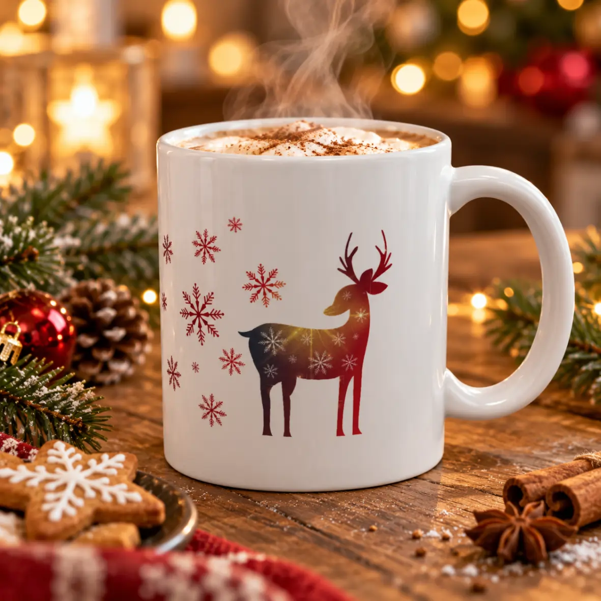 Weiße Tasse Frohe Weihnachten und einen guten Rutsch mit Hirschmotiv in Rot und Dunkelblau sowie roten Schneeflocken, gefüllt mit einem heißen Getränk