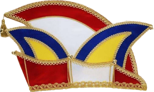 Prinzenmütze schlicht in Rot, Blau, Gelb und Weiß mit goldfarbener Borte Schlichte mehrfarbige Prinzenmütze mit geschwungener Form in Rot, Blau, Gelb und Weiß, eingefasst mit goldfarbener Borte und kleiner Quaste an der Seite