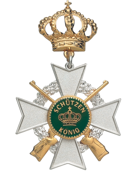 Königsorden mit Krone, gekreuzten Gewehren und Auflage Schützenkönig Königsorden in Silberoptik mit goldener Krone, gekreuzten Gewehren, weißem Kreuz und mittiger grüner Auflage Schützenkönig vor Eichlaubkranz