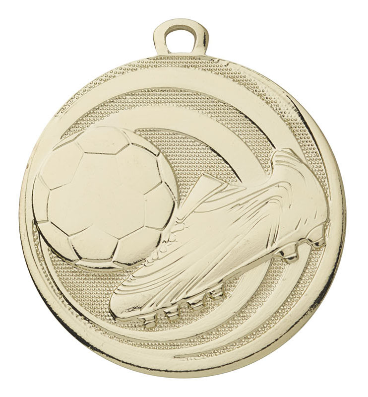 Medaille Fußball in Goldoptik mit Fußball- und Schuhmotiv Runde Medaille Fußball in Goldoptik mit Öse, geprägt mit einem Fußball und einem Fußballschuh auf strukturierter Fläche.