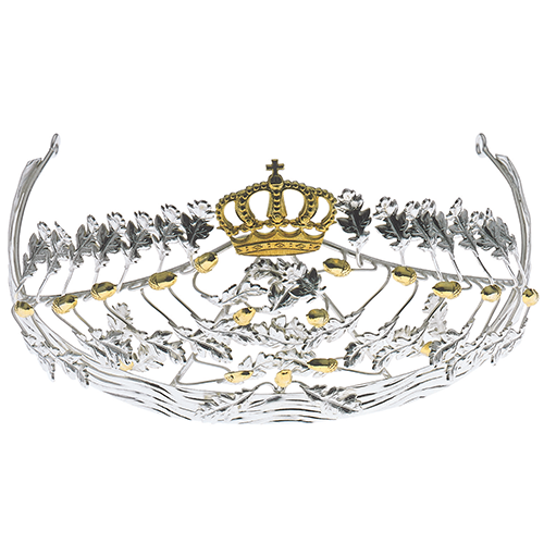 Diadem mit Eichenlaub und goldfarbener Krone, silberfarben mit goldfarbenen Eicheln Diadem mit Eichenlaub in silberfarbener Optik, verziert mit goldfarbenen Eicheln und einer goldfarbenen Krone in der Mitte