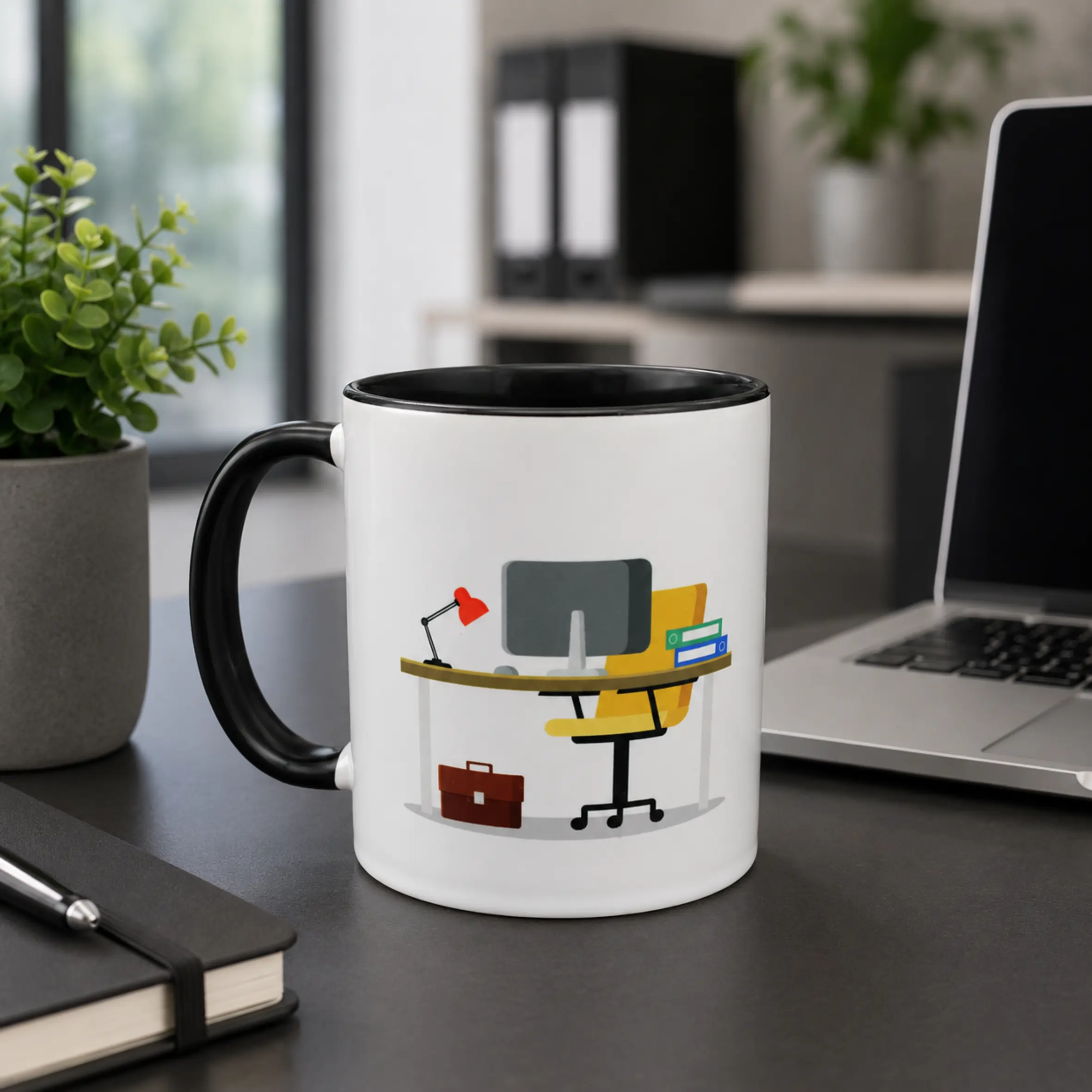 Weiße Tasse 100% bei der Arbeit mit schwarzem Henkel und schwarzem Innenrand, bedruckt mit einer Illustration aus Schreibtisch, Monitor, Lampe, Ordnern, Bürostuhl und Aktentasche.