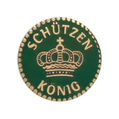 Auflage Schützenkönig, rundes Vereinsabzeichen in Gold und Grün mit Krone Runde Auflage Schützenkönig in Gold und Grün, mit goldener Krone in der Mitte und Schriftzug „Schützenkönig“ auf grünem Hintergrund