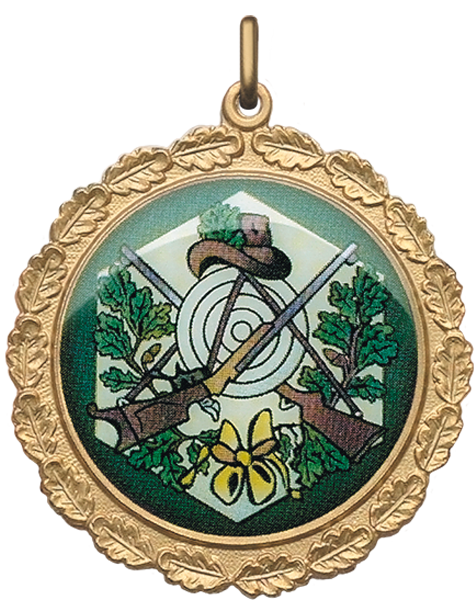 Medaille mit Kranz vergoldet  farbig bedruckt  mit