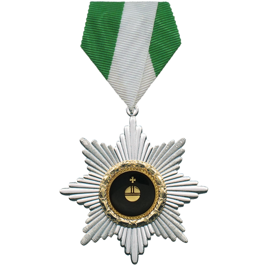 Pfänderorden Apfel mit grün-weißem Banddreieck und silbernem Sternorden Pfänderorden „Apfel“ als silberner Sternorden mit schwarzer und goldfarbener Apfel-Auflage, Öse und Ring sowie grün-weißem Banddreieck