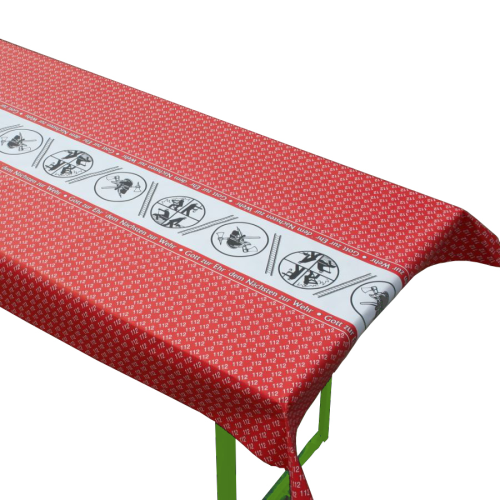 Tischdecke Feuerwehr aus Spezialpapier mit rotem Feuerwehrmotiv Tischdecke Feuerwehr aus Spezialpapier, rot bedruckt mit kleinem Feuerwehrmotiv, als lange Papier-Tischdecke über einen Tisch gelegt