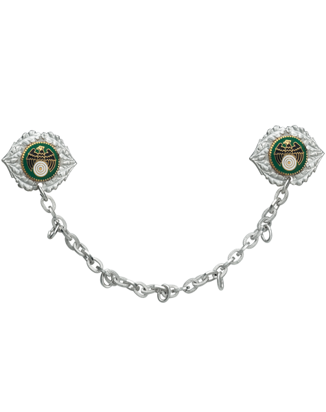 Ordenskette mit vergoldeten Auflagen an den Endstücken 3-teilige versilberte Ordenskette mit Kette und zwei Endstücken, jeweils mit vergoldeter Auflage und grün-schwarzem Motiv