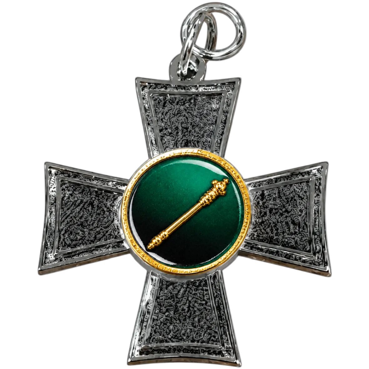 Kreuz Anhänger, Silber, Grüner Stein, Goldrand, Medallion