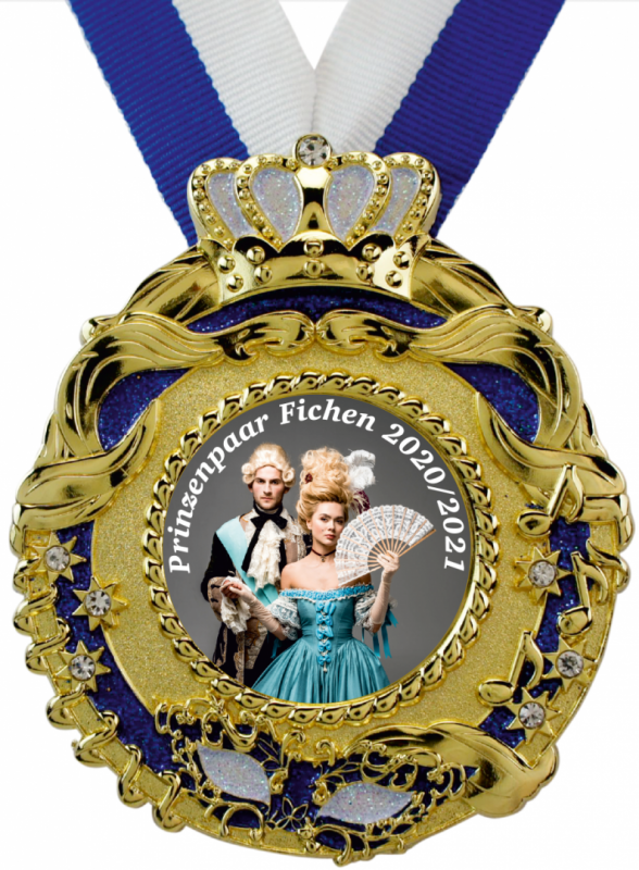 Karnevalsorden "Rund mit Krone und Maske in Blau/Weiß" Medaillengebung, Siegermedaille, Rennerornament, Krone-Design, Sash-Riemen
