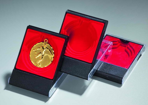 Etui für Medaillen Ø 5/6/7 cm, innen rot mit Klarsichtdeckel