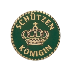 Auflage Schützenkönigin, rundes vergoldetes Vereinsabzeichen mit Krone auf grünem Hintergrund Runde Auflage Schützenkönigin in vergoldeter Optik mit Krone und Schriftzug „Schützenkönigin“ auf grünem Hintergrund, als Vereinsabzeichen für Schützen