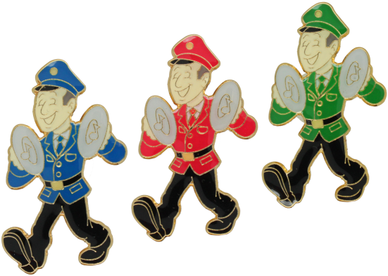 Musikerabzeichen mit Beckenspieler in Blau, Rot und Grün Musikerabzeichen mit Beckenspieler als geprägte Metallabzeichen, dargestellt in drei Farbvarianten mit Uniform in Blau, Rot und Grün und goldfarbener Kontur