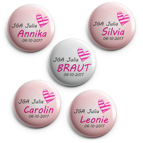 Button Junggesellenabschied 10er Set mit Braut-Button und personalisierten Namens-Buttons Fünf runde Buttons für den Junggesellenabschied in Weiß und Rosa, mit gestreiftem Herz sowie personalisiertem Schriftzug JGA Julia, Namen und Datum; ein Button mit Aufdruck Braut.