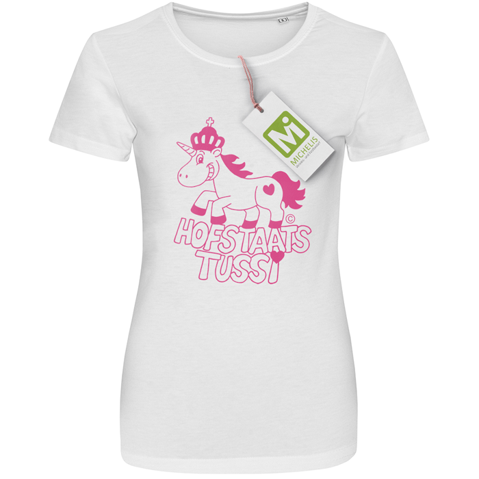 T-Shirt weiß Hofstaatstussi mit pinkem Einhorn-Print Weißes T-Shirt Hofstaatstussi mit pinkem Aufdruck aus Einhorn mit Krone, Herz und dem Schriftzug Hofstaatstussi auf der Vorderseite