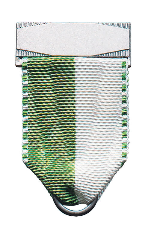 Bandhalter vergoldet mit Scharniernadel, grün-weißes Band mit Ring Bandhalter vergoldet mit Scharniernadel und rechteckigem Metallelement, grün-weißes Stoffband mit Ring zum Anhängen eines Ordens oder einer Medaille