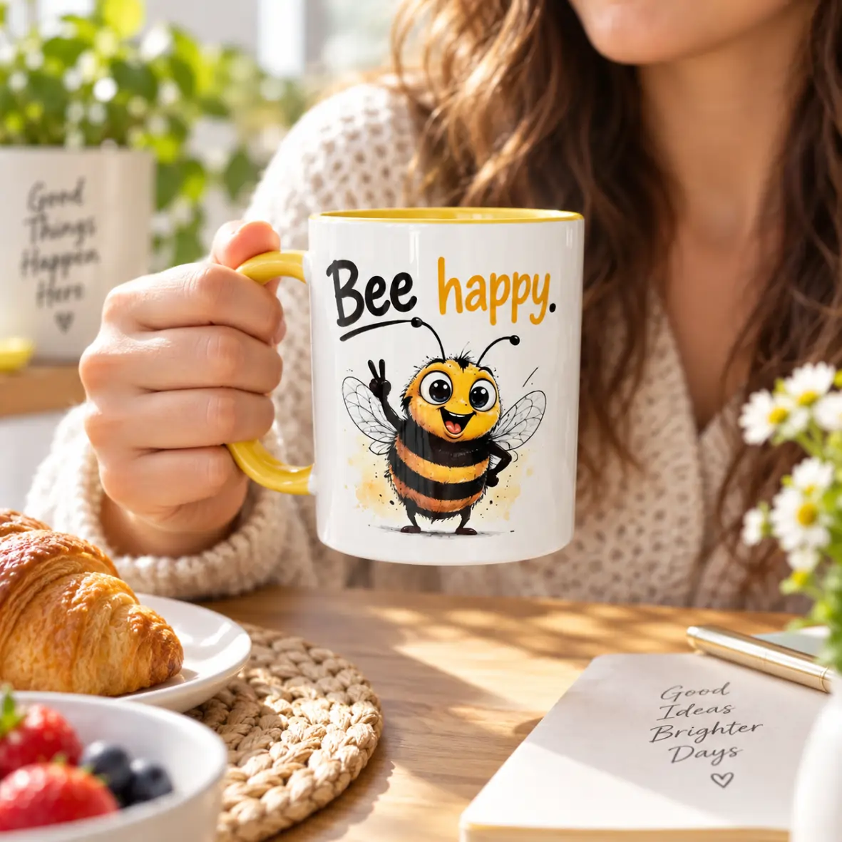 Tasse Bee Happy Becher, Kaffeebecher, Biene, Gelb, Motiv