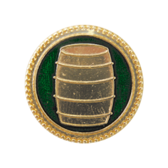 Auflage „Fass“ mit Fassmotiv in runder Form Runde Auflage „Fass“ mit goldfarbenem Rand und mittigem Fassmotiv auf grünem Hintergrund, passend als Sitzauflage für einen Fasssitz.