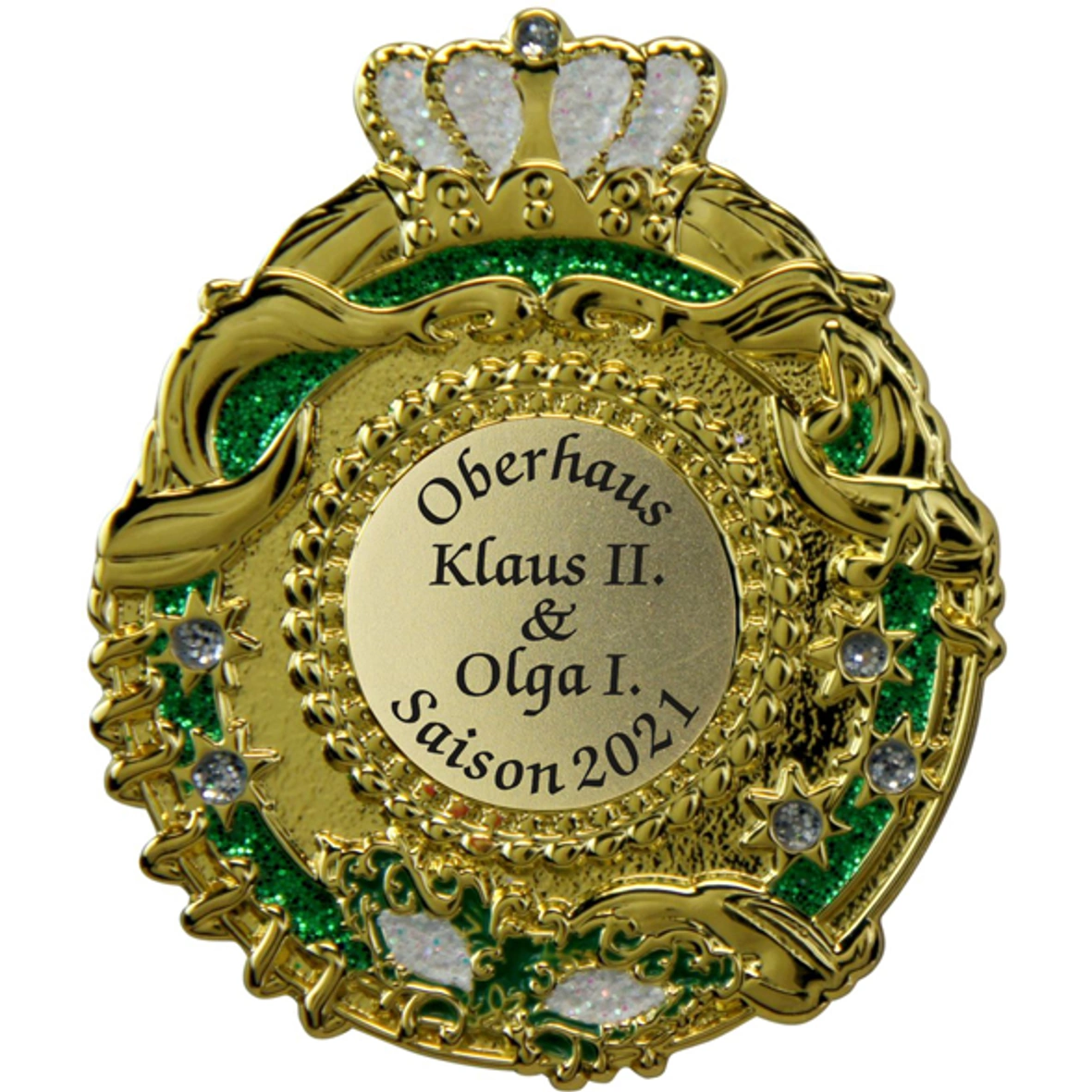 Karnevalspin Krone mit rundem Ornamentrahmen Grün-Weiß – unbedruckt Karnevalsorden, goldfarben, grüne Glitzerfläche, Kronenmotiv, Strasssteine