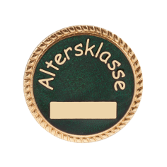 Abzeichen vergoldet mit langer Nadel Altersklasse, rund mit grünem Hintergrund Rundes, vergoldet wirkendes Abzeichen für Schützen der Altersklasse mit grünem Hintergrund, Schriftzug „Altersklasse“ und rechteckigem Gravurfeld.