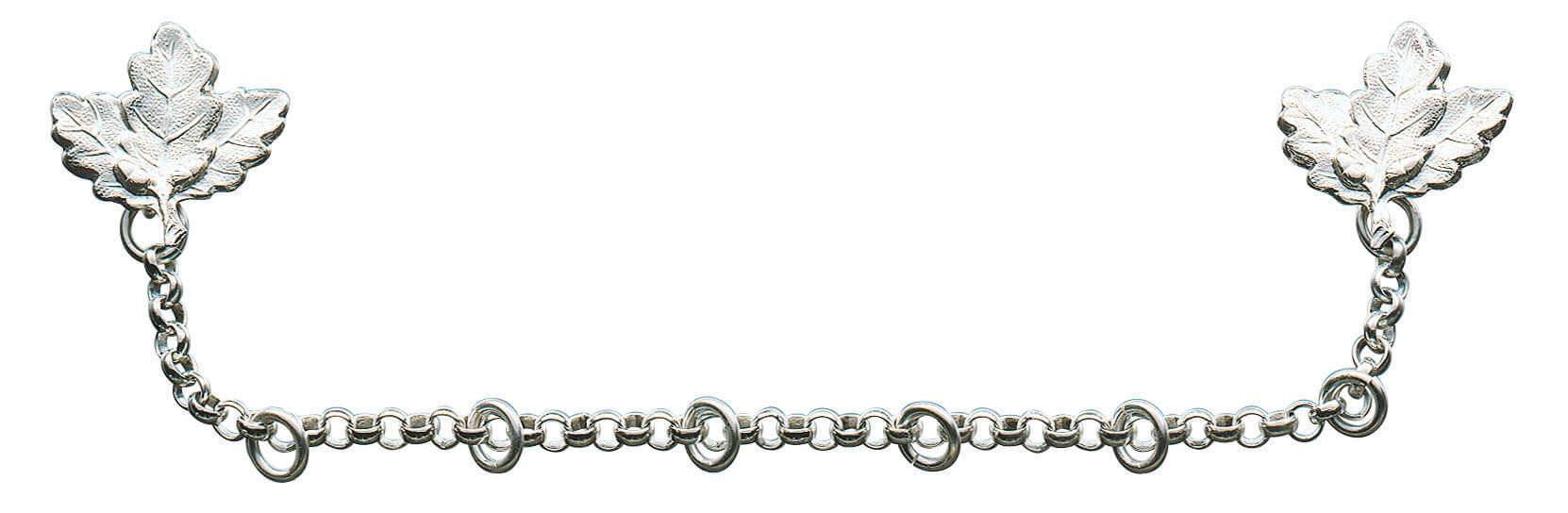 Kette mit Scharniernadel, versilbert, für 4 Orden Versilberte Ordenskette mit Scharniernadeln an Eichenlaub-Endstücken, feiner Ankerkette und 4 Ringen zur Befestigung von Orden