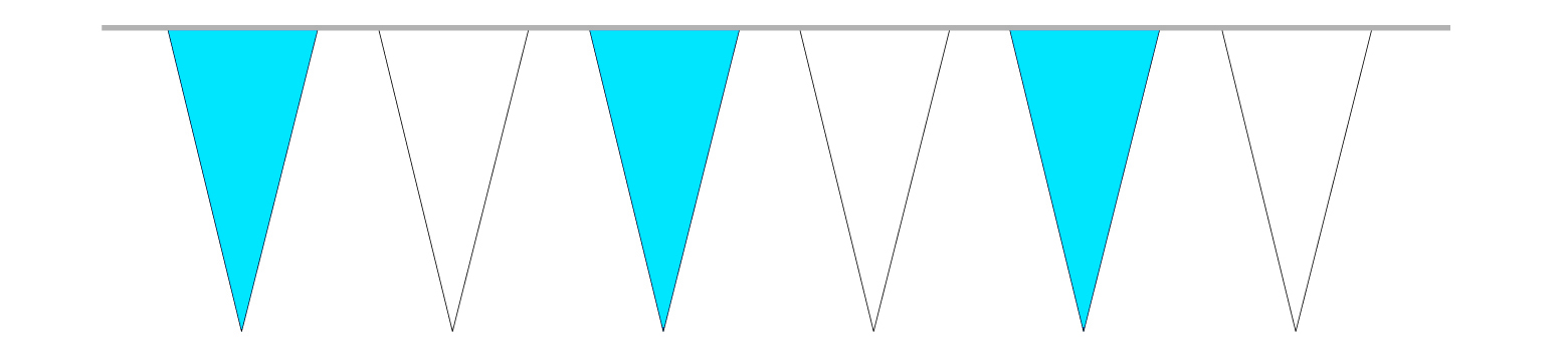 PVC-Wimpelkette blau-weiß, 4 m, mit 16 Spitzwimpeln PVC-Wimpelkette in Blau und Weiß mit abwechselnd angeordneten Spitzwimpeln an weißem Band, 4 Meter lang und mit 16 Wimpeln