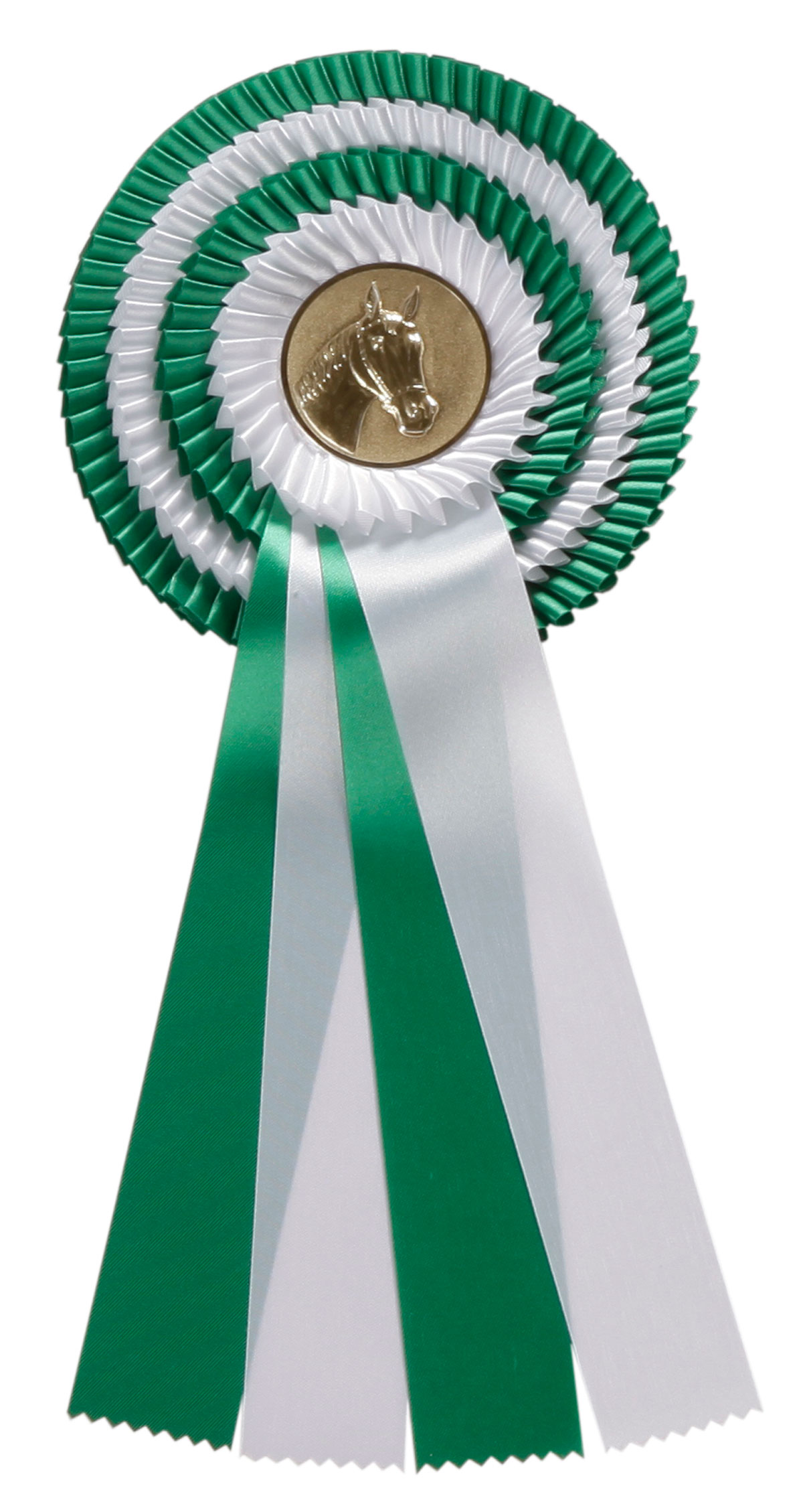 Vierfache Rosette in Grün-Weiß mit vier Schleifenbändern Vierfache Rosette in Grün und Weiß mit gefälteltem Rosettenkranz, vier langen Schleifenbändern und goldfarbener Mittelplatte mit Pferdekopf-Motiv.